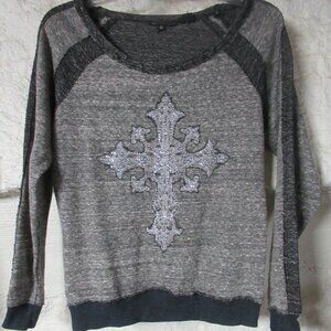 Grey and Black Gothic Cross Cropped Sweatshirt Size L